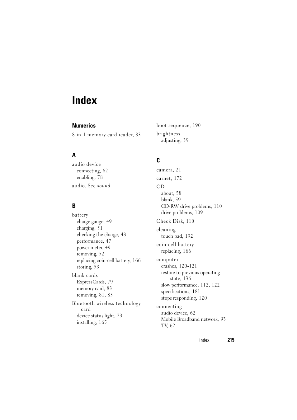 Index | Dell Inspiron 1521 (Mid 2007) User Manual | Page 215 / 222