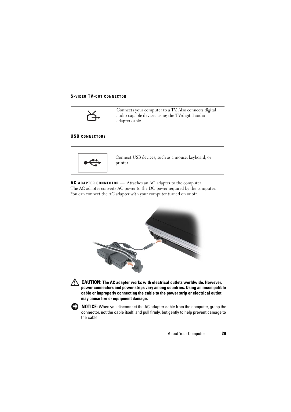 S-video tv-out connector, Usb connectors (2), Ac adapter connector | Dell Inspiron 1521 (Mid 2007) User Manual | Page 29 / 222