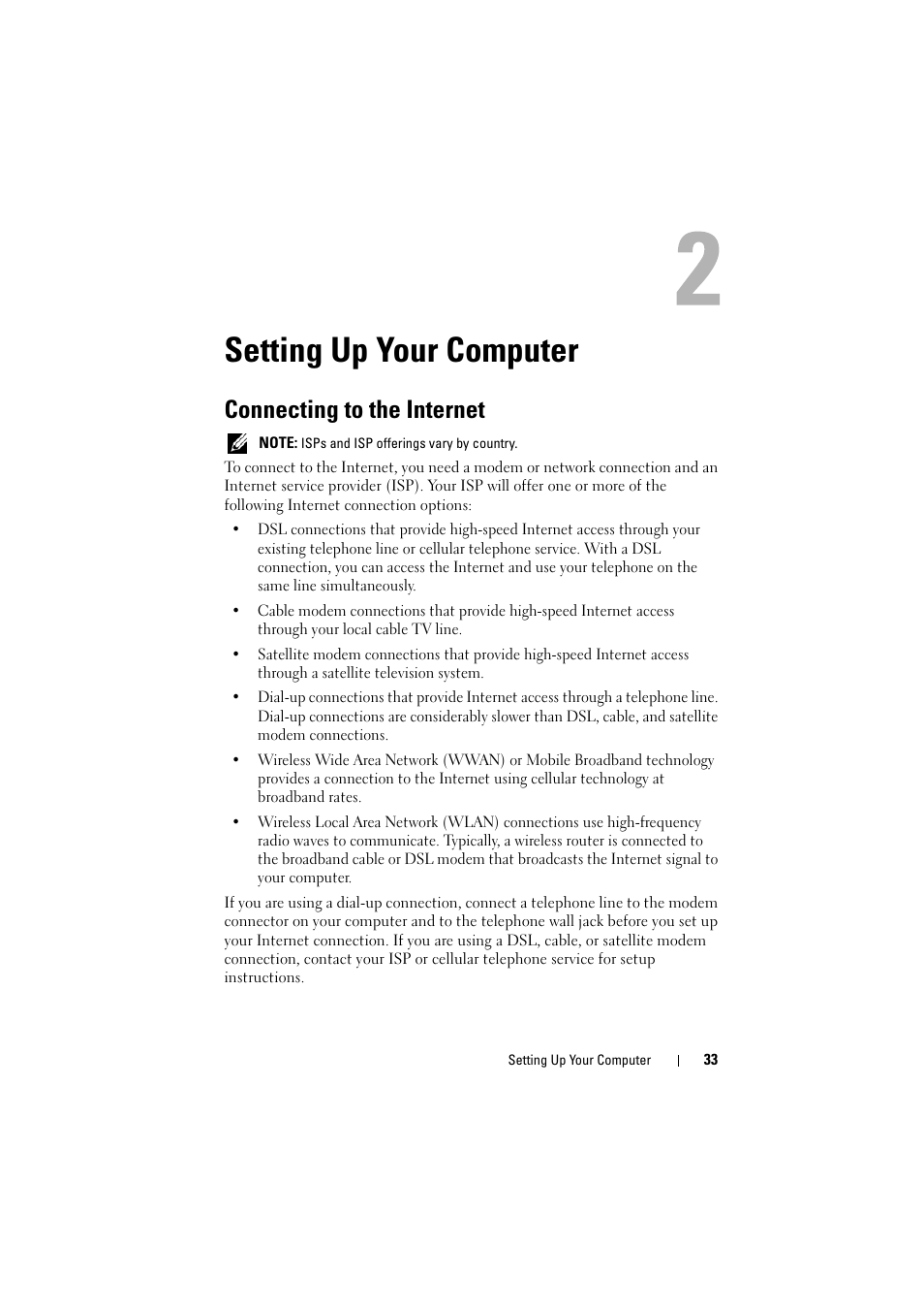 Setting up your computer, Connecting to the internet | Dell Inspiron 1521 (Mid 2007) User Manual | Page 33 / 222