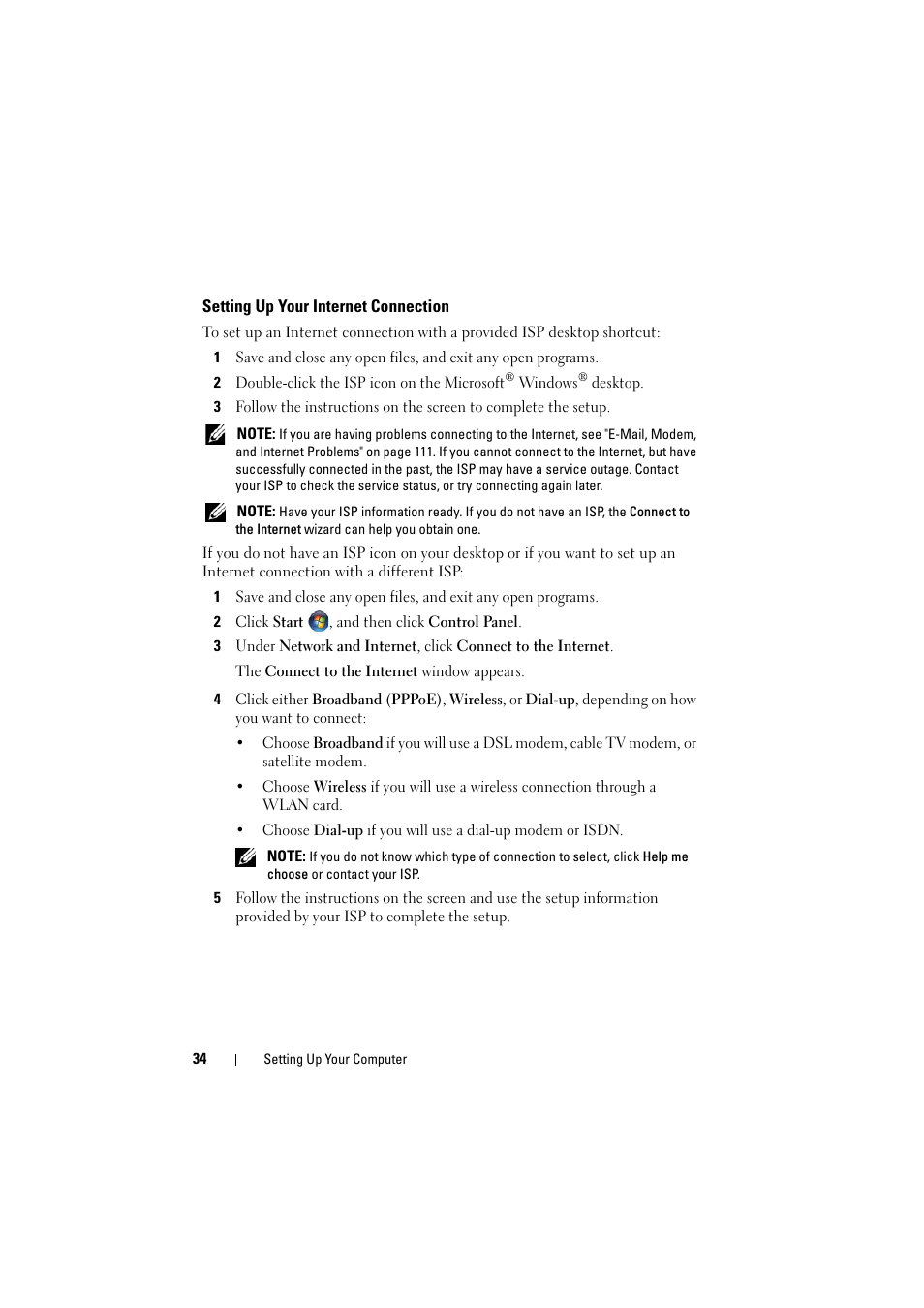 Setting up your internet connection | Dell Inspiron 1521 (Mid 2007) User Manual | Page 34 / 222