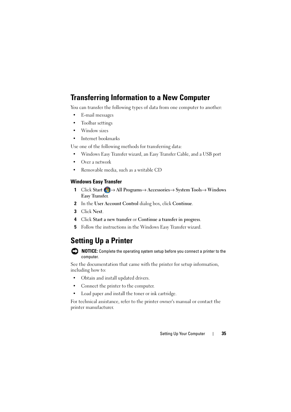 Transferring information to a new computer, Windows easy transfer, Setting up a printer | Dell Inspiron 1521 (Mid 2007) User Manual | Page 35 / 222