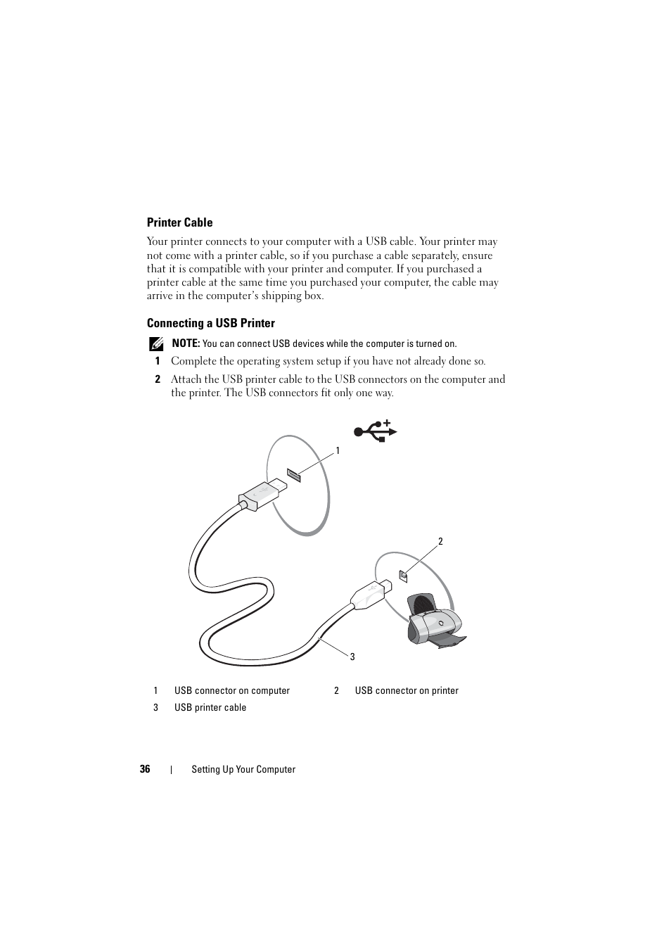 Printer cable, Connecting a usb printer | Dell Inspiron 1521 (Mid 2007) User Manual | Page 36 / 222