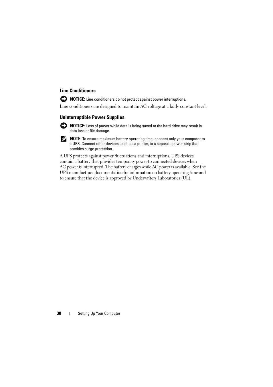 Line conditioners, Uninterruptible power supplies | Dell Inspiron 1521 (Mid 2007) User Manual | Page 38 / 222