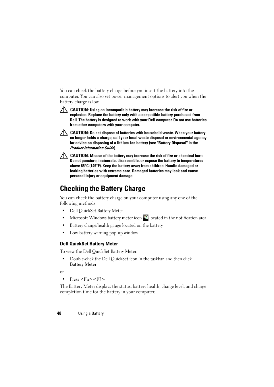 Checking the battery charge, Dell quickset battery meter | Dell Inspiron 1521 (Mid 2007) User Manual | Page 48 / 222