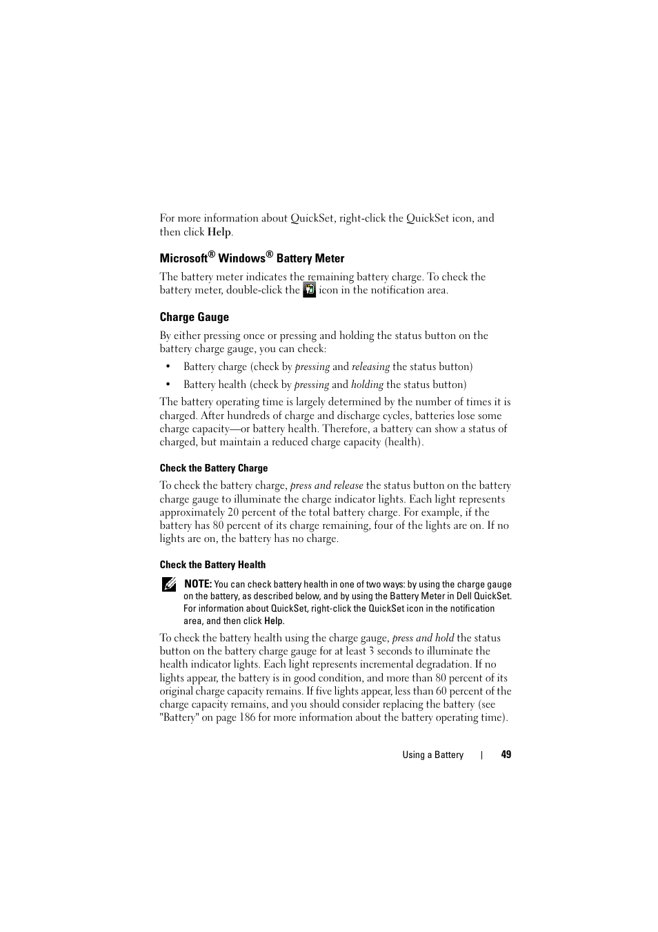 Microsoft® windows® battery meter, Charge gauge, Microsoft | Dell Inspiron 1521 (Mid 2007) User Manual | Page 49 / 222