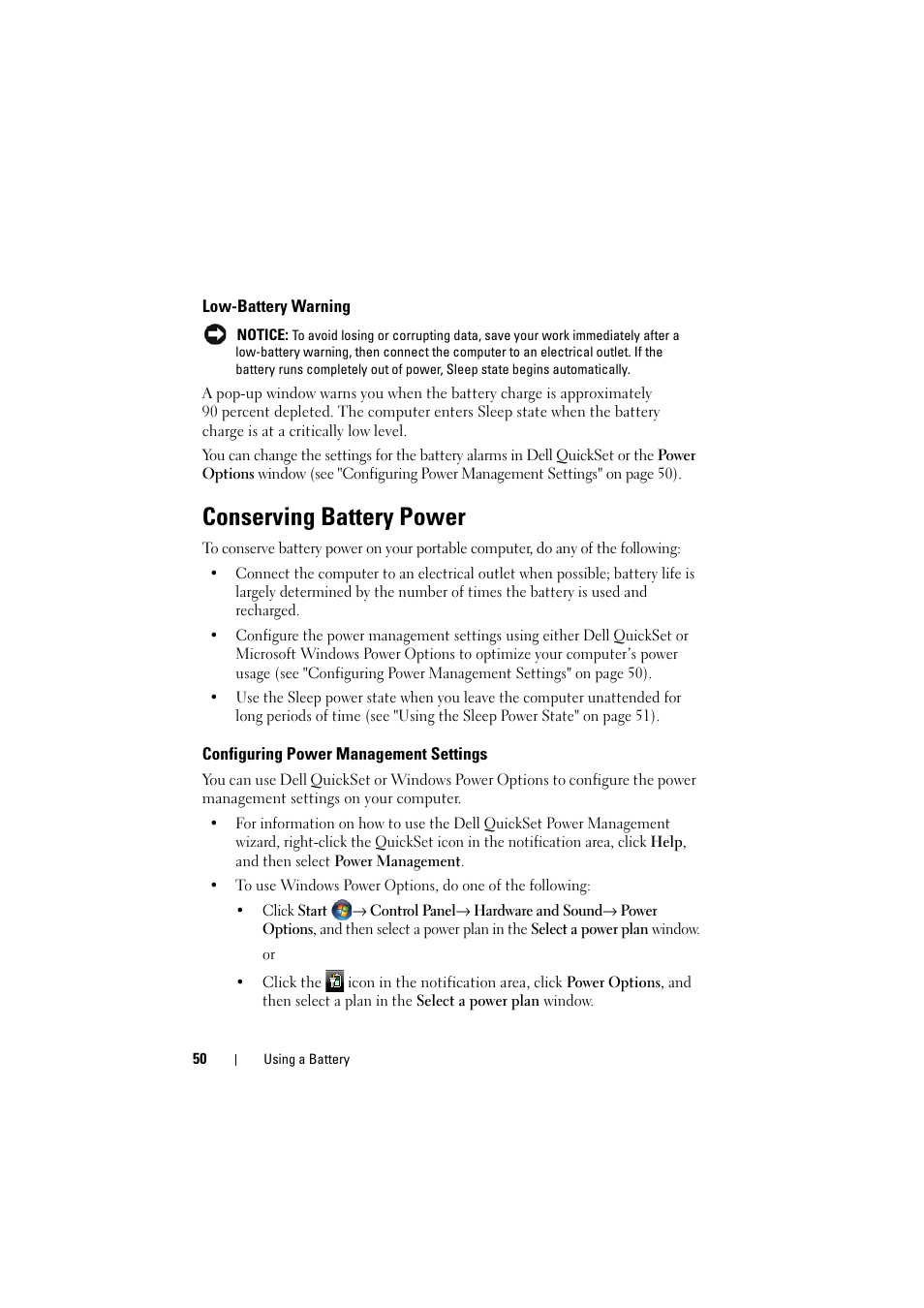 Low-battery warning, Conserving battery power, Configuring power management settings | Dell Inspiron 1521 (Mid 2007) User Manual | Page 50 / 222