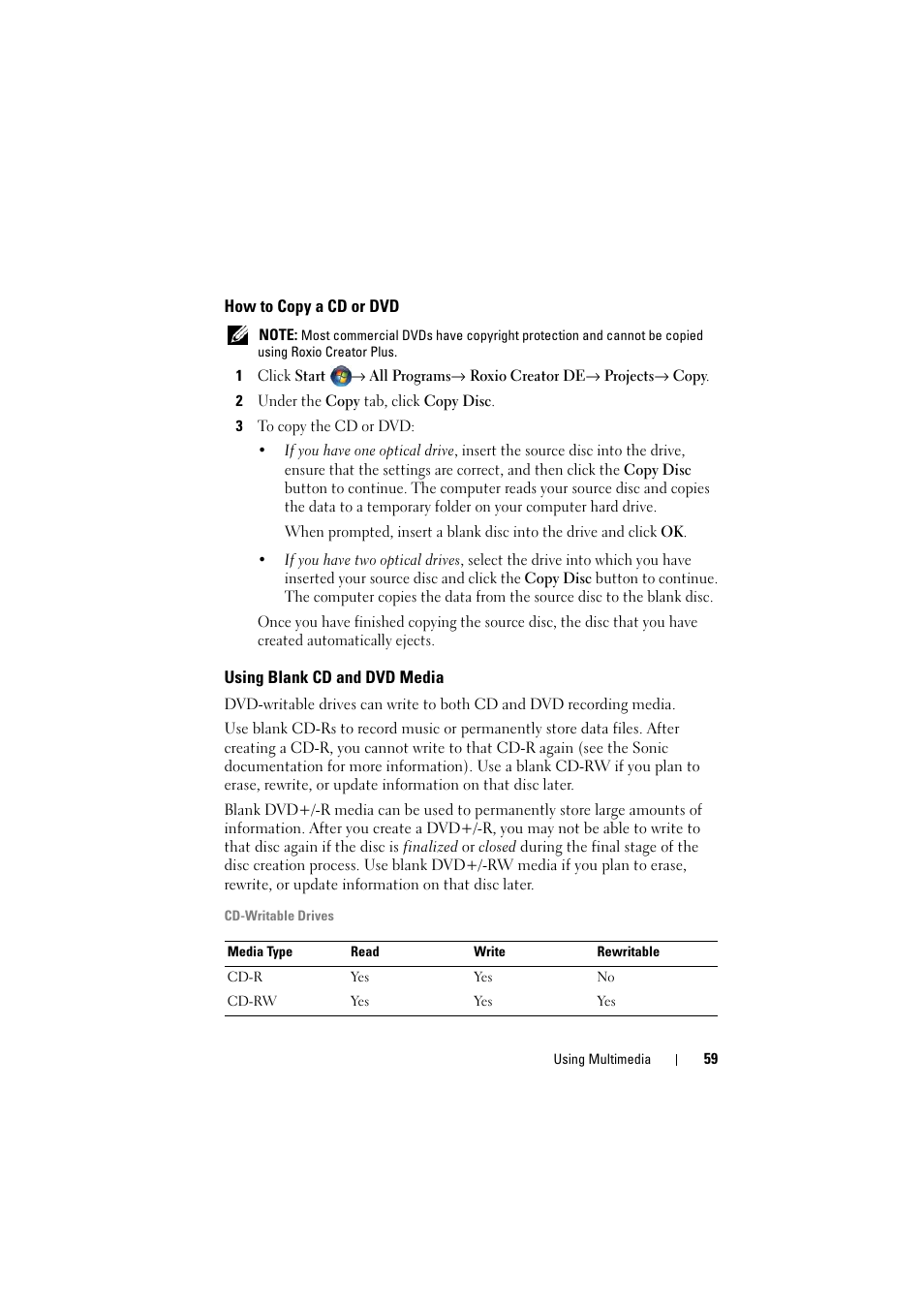 How to copy a cd or dvd, Using blank cd and dvd media | Dell Inspiron 1521 (Mid 2007) User Manual | Page 59 / 222