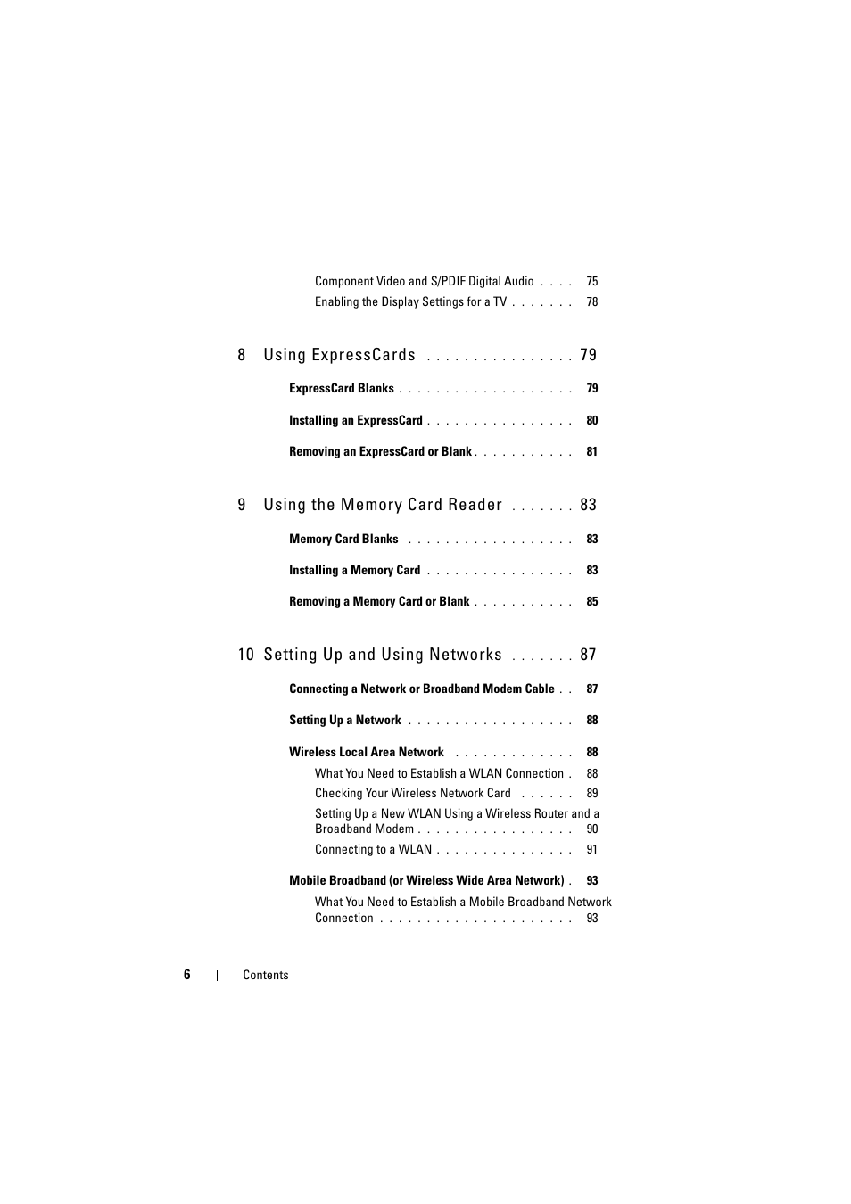 8using expresscards, 10 setting up and using networks | Dell Inspiron 1521 (Mid 2007) User Manual | Page 6 / 222