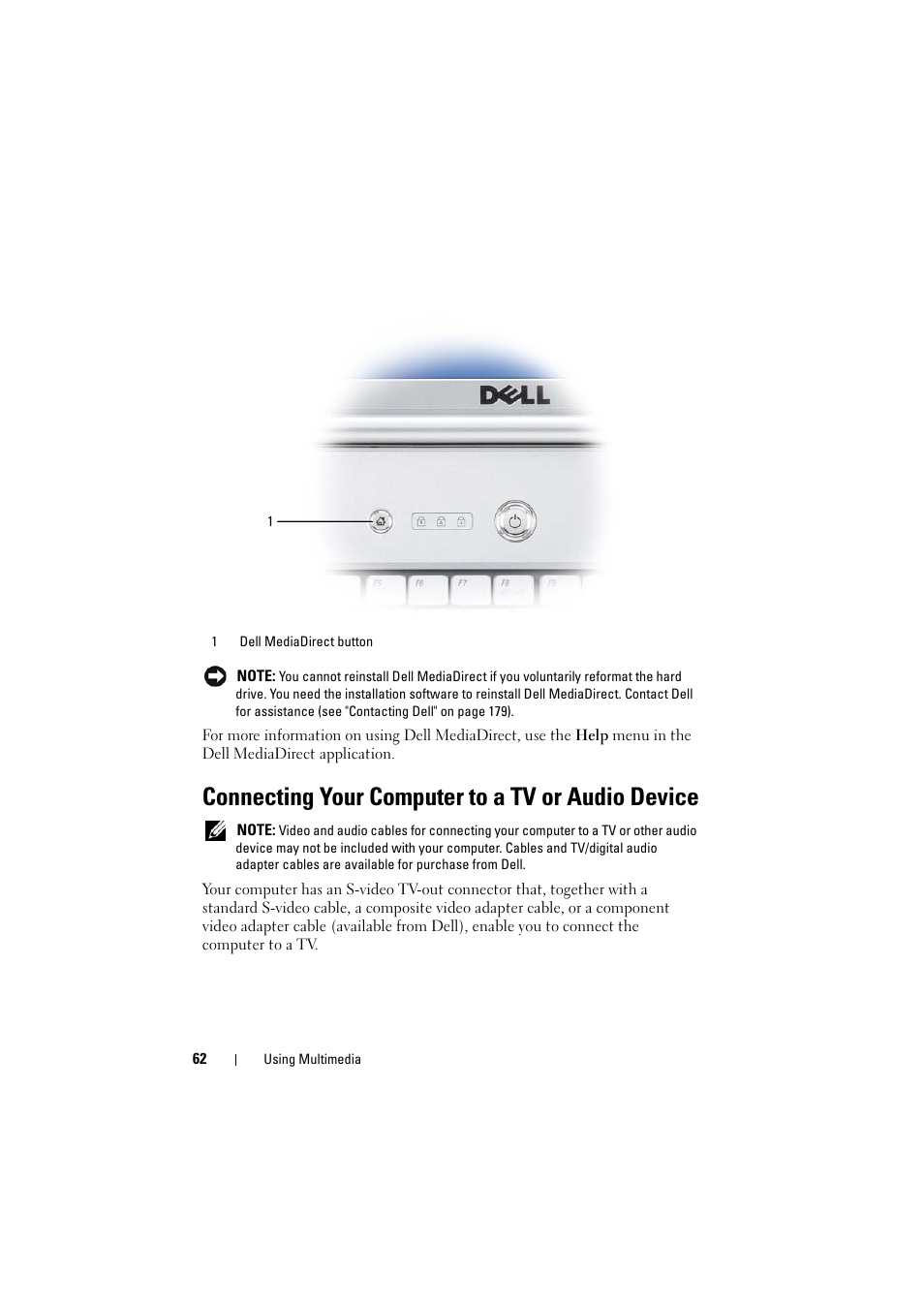 Connecting your computer to a tv or audio device | Dell Inspiron 1521 (Mid 2007) User Manual | Page 62 / 222