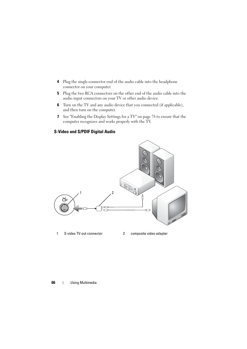 S-video and s/pdif digital audio | Dell Inspiron 1521 (Mid 2007) User Manual | Page 66 / 222