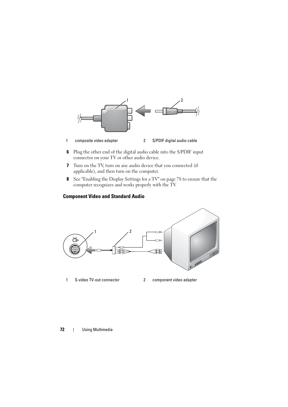 Component video and standard audio | Dell Inspiron 1521 (Mid 2007) User Manual | Page 72 / 222