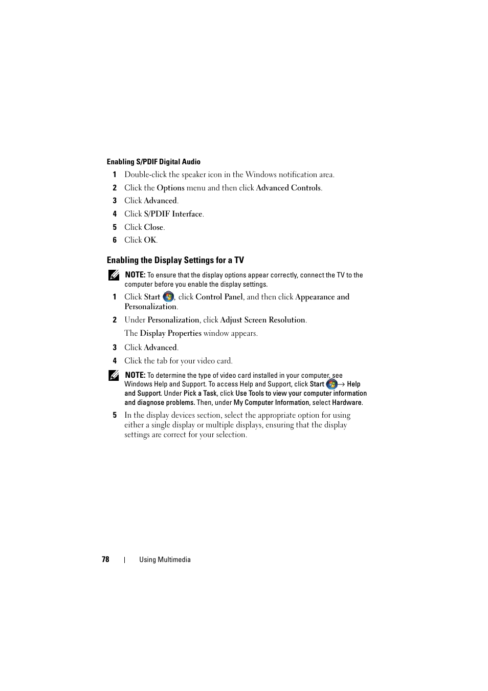 Enabling the display settings for a tv | Dell Inspiron 1521 (Mid 2007) User Manual | Page 78 / 222