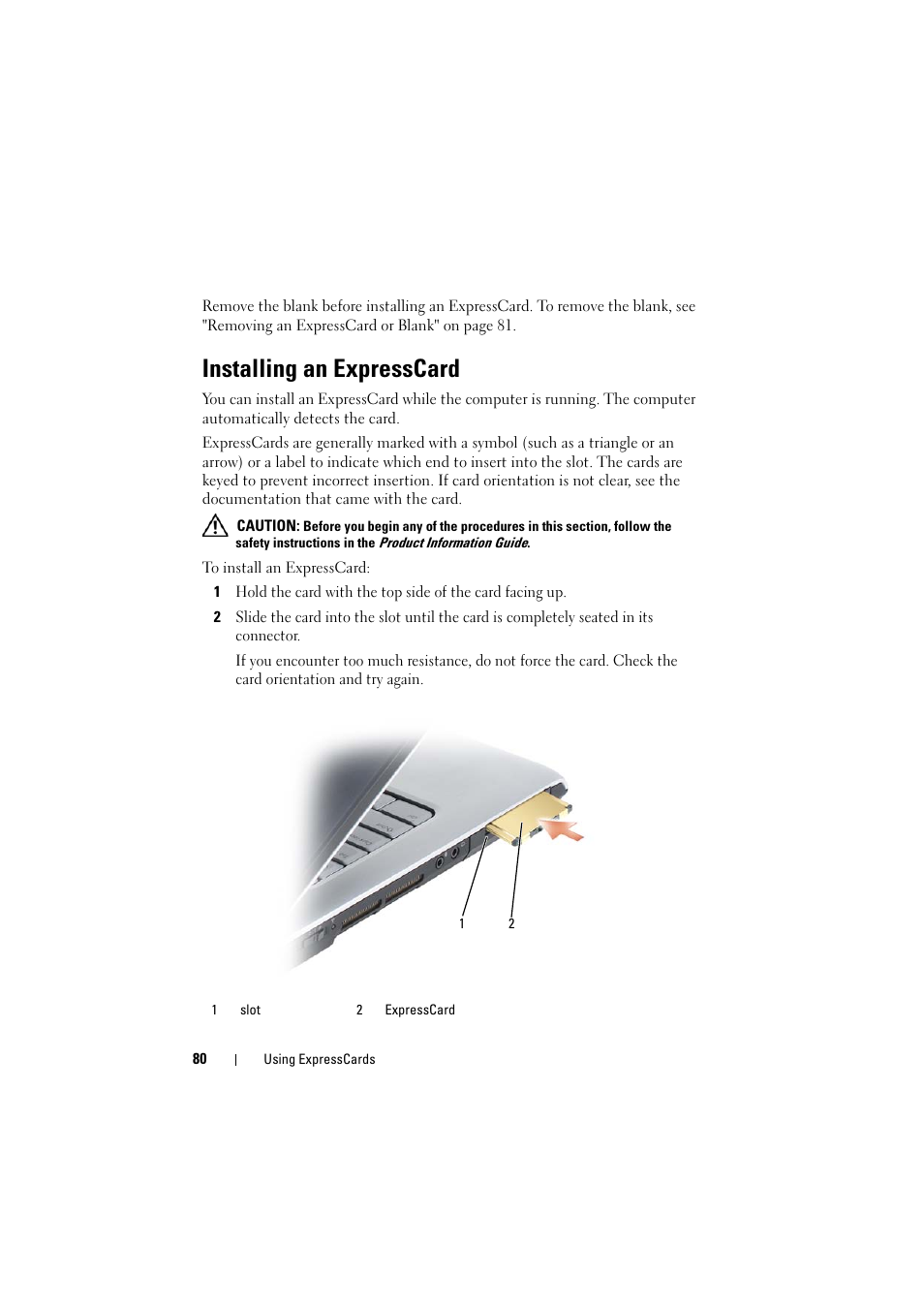 Installing an expresscard | Dell Inspiron 1521 (Mid 2007) User Manual | Page 80 / 222