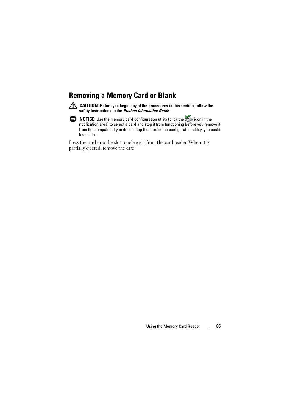 Removing a memory card or blank | Dell Inspiron 1521 (Mid 2007) User Manual | Page 85 / 222