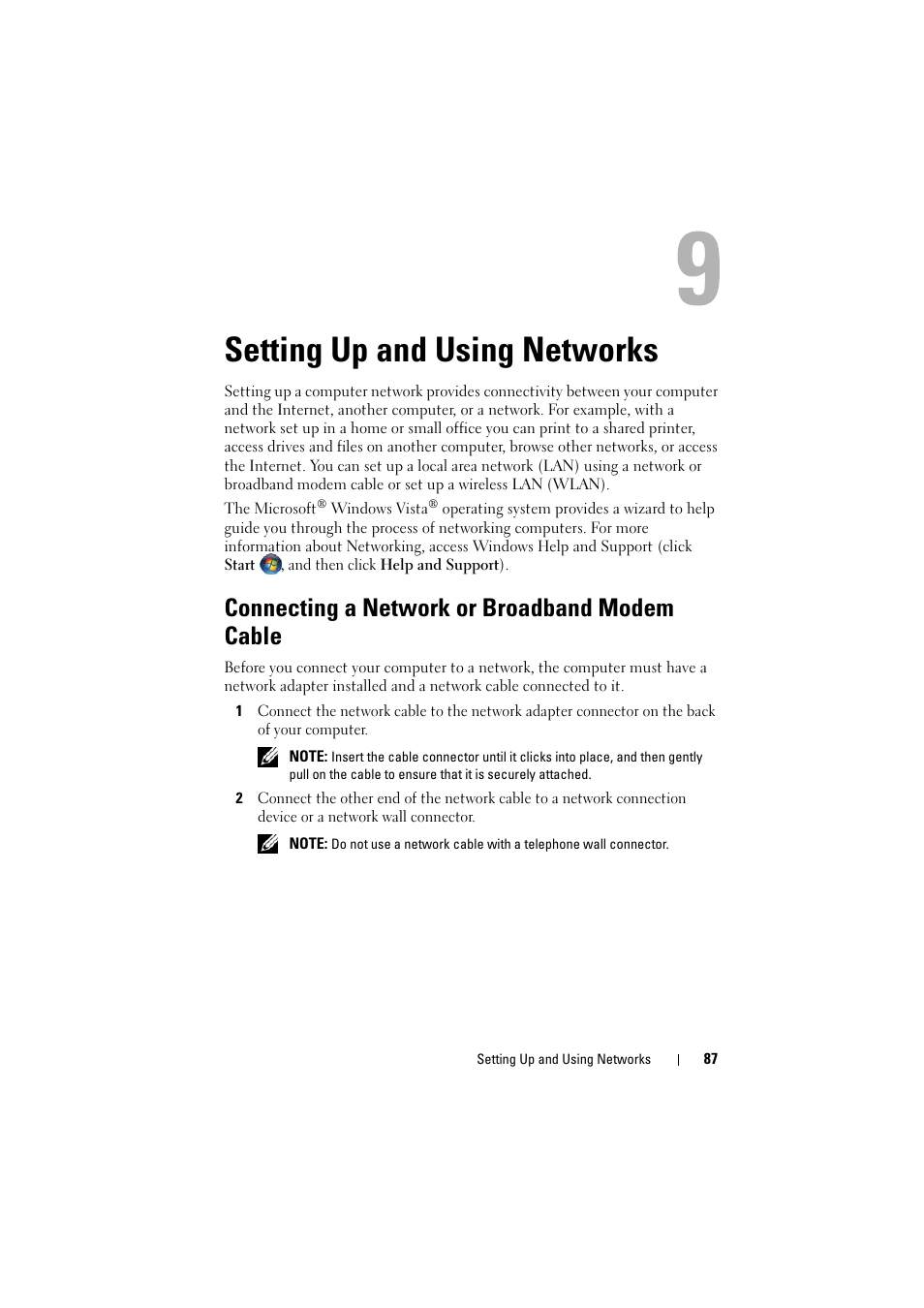 Setting up and using networks, Connecting a network or broadband modem cable | Dell Inspiron 1521 (Mid 2007) User Manual | Page 87 / 222