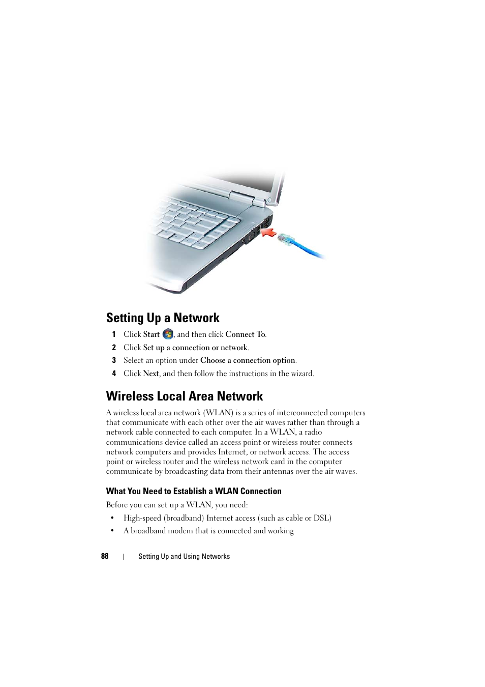 Setting up a network, Wireless local area network, What you need to establish a wlan connection | Dell Inspiron 1521 (Mid 2007) User Manual | Page 88 / 222