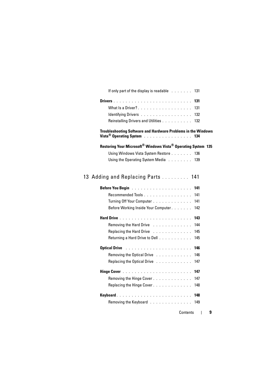 13 adding and replacing parts | Dell Inspiron 1521 (Mid 2007) User Manual | Page 9 / 222