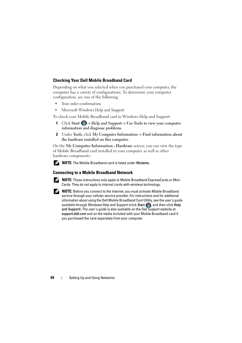 Checking your dell mobile broadband card, Connecting to a mobile broadband network | Dell Inspiron 1521 (Mid 2007) User Manual | Page 94 / 222