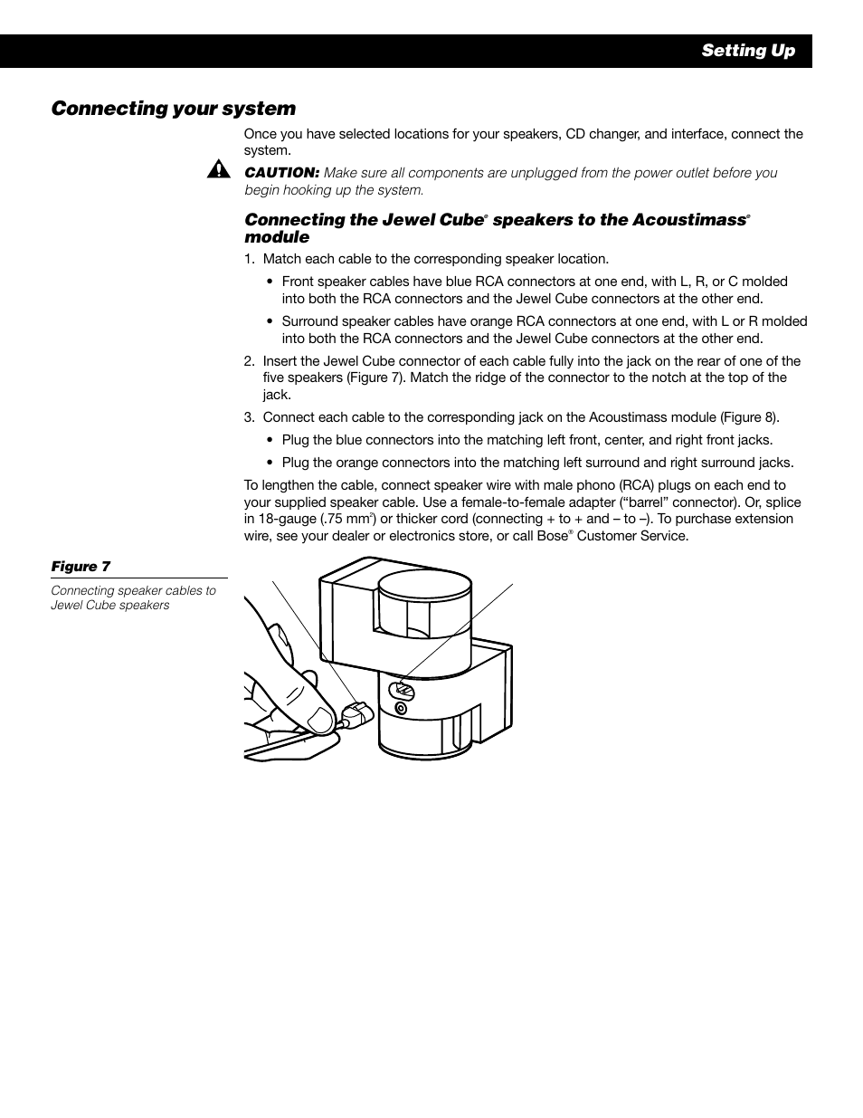 Connecting your system, Connecting the jewel cube, Speakers to the acoustimass | Module, Setting up | Bose 50 User Manual | Page 11 / 55