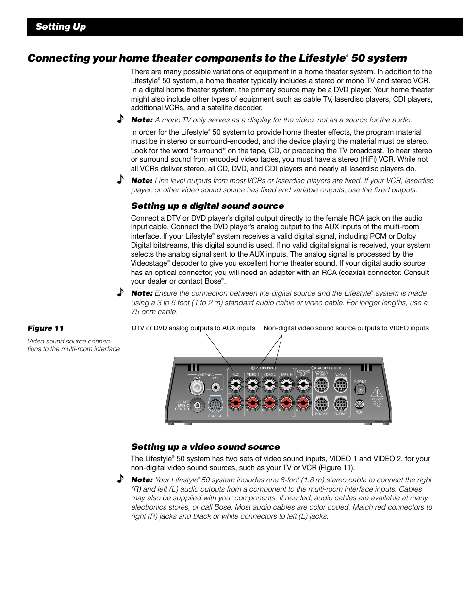 50 system, Setting up, Setting up a digital sound source | Setting up a video sound source | Bose 50 User Manual | Page 14 / 55