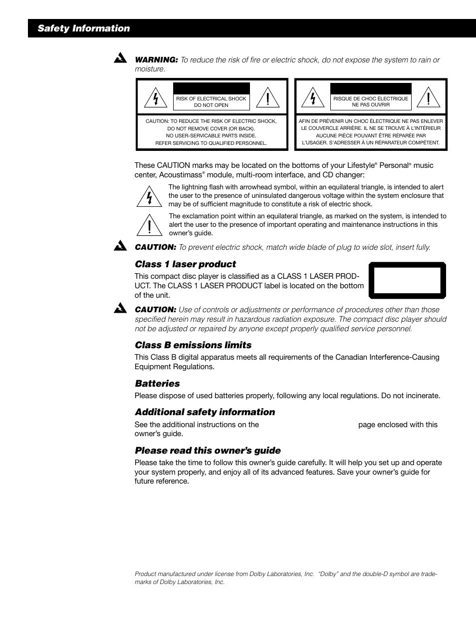 Safety information, Class 1 laser product, Class b emissions limits | Batteries, Additional safety information, Please read this owner’s guide | Bose 50 User Manual | Page 2 / 55