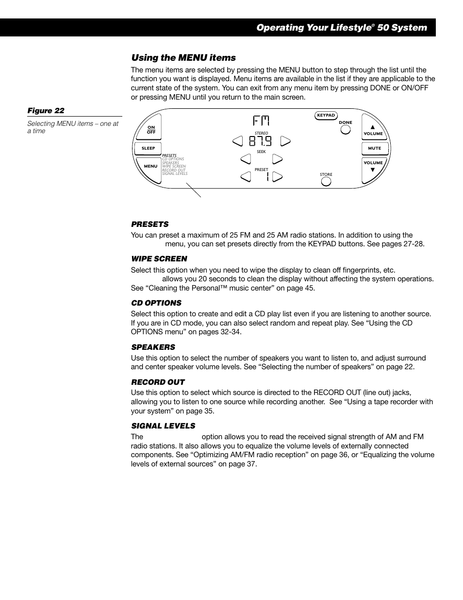 Using the menu items, Operating your lifestyle, 50 system | Bose 50 User Manual | Page 23 / 55