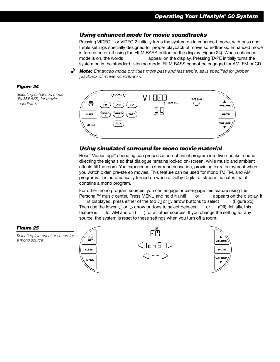 Using enhanced mode for movie soundtracks, Using simulated surround for mono movie material, Operating your lifestyle | 50 system | Bose 50 User Manual | Page 25 / 55