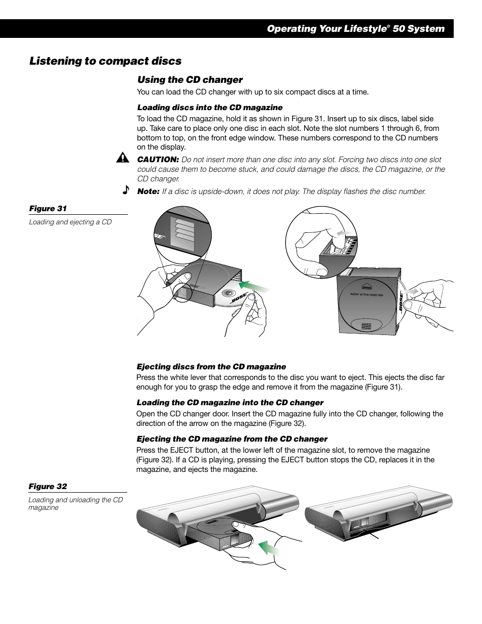 Listening to compact discs, Operating your lifestyle, 50 system | Using the cd changer, Eject button, Loading and ejecting a cd, Loading and unloading the cd magazine | Bose 50 User Manual | Page 31 / 55