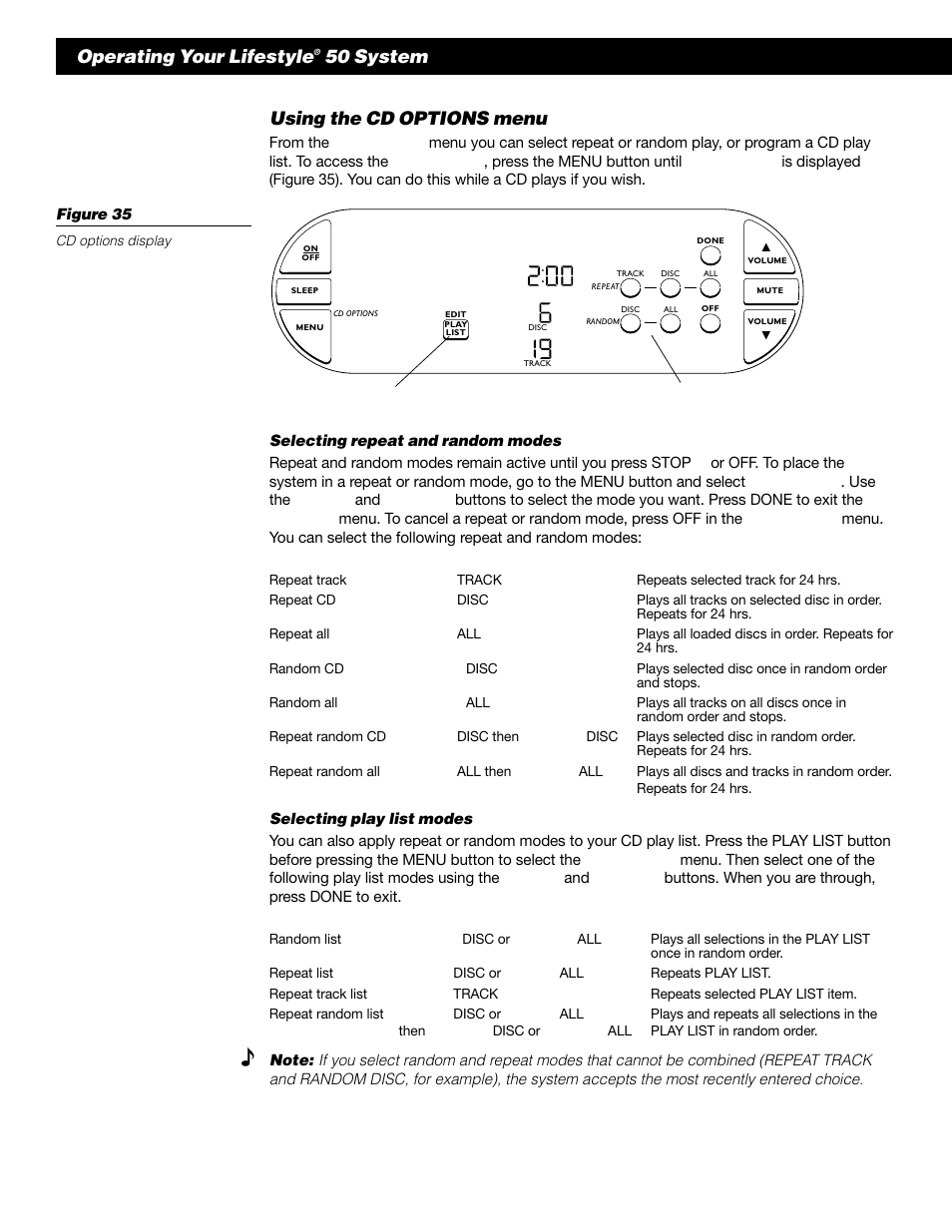 Operating your lifestyle, 50 system using the cd options menu | Bose 50 User Manual | Page 34 / 55