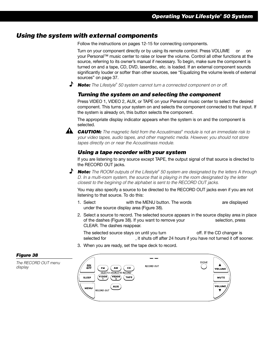 Using the system with external components, Turning the system on and selecting the component, Using a tape recorder with your system | Operating your lifestyle, 50 system | Bose 50 User Manual | Page 37 / 55