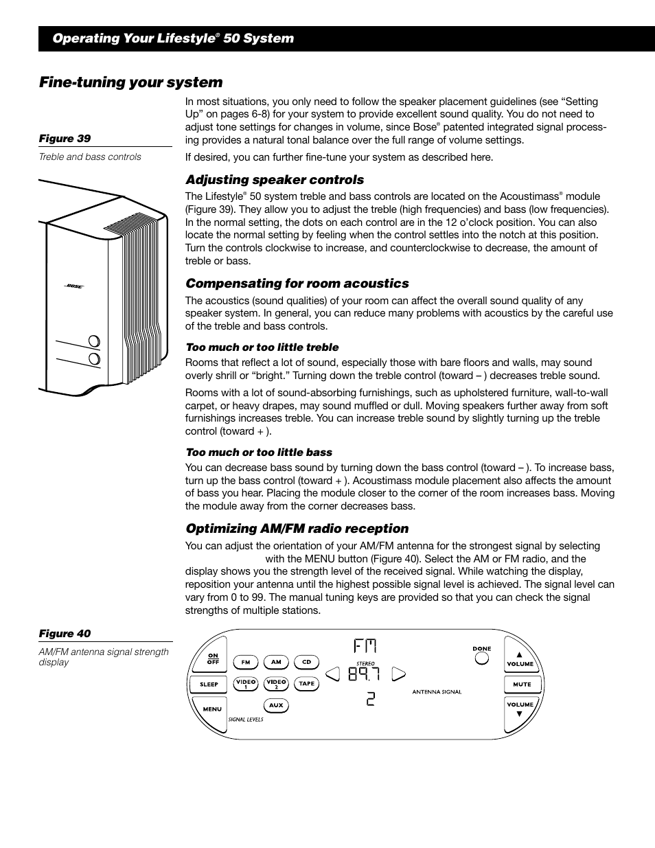 Fine-tuning your system, Operating your lifestyle, 50 system | Adjusting speaker controls, Compensating for room acoustics, Optimizing am/fm radio reception | Bose 50 User Manual | Page 38 / 55