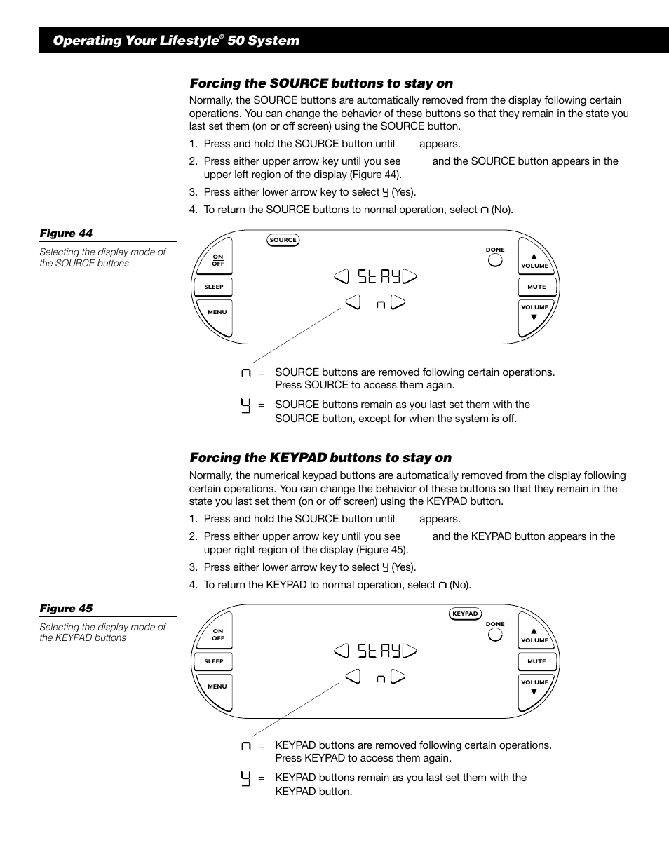 Forcing the source buttons to stay on, Forcing the keypad buttons to stay on, Operating your lifestyle | 50 system | Bose 50 User Manual | Page 40 / 55