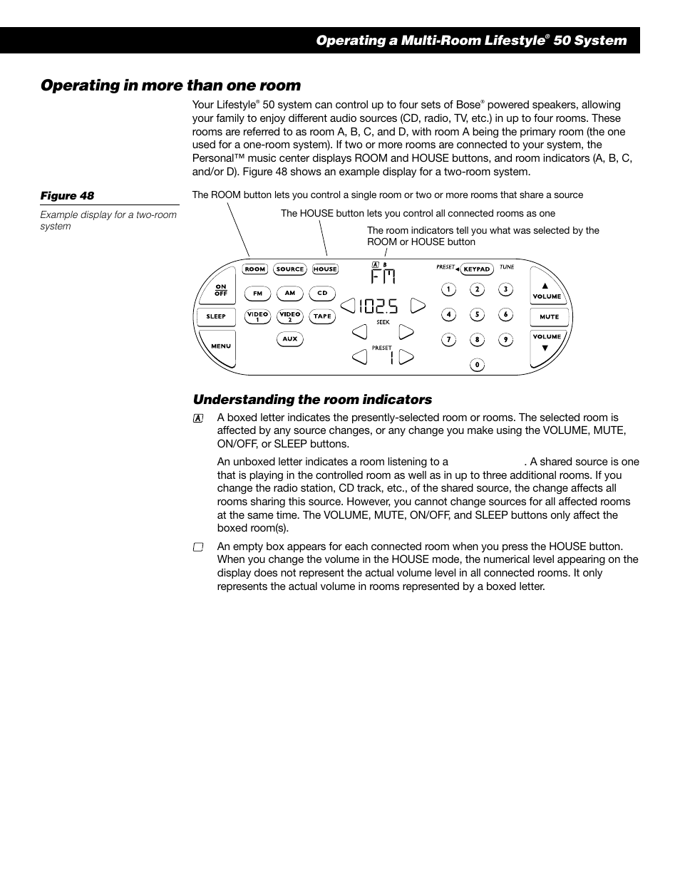 Operating in more than one room, Operating a multi-room lifestyle, 50 system | Understanding the room indicators | Bose 50 User Manual | Page 43 / 55