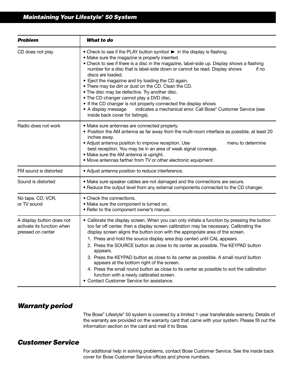 Warranty period, Customer service | Bose 50 User Manual | Page 49 / 55