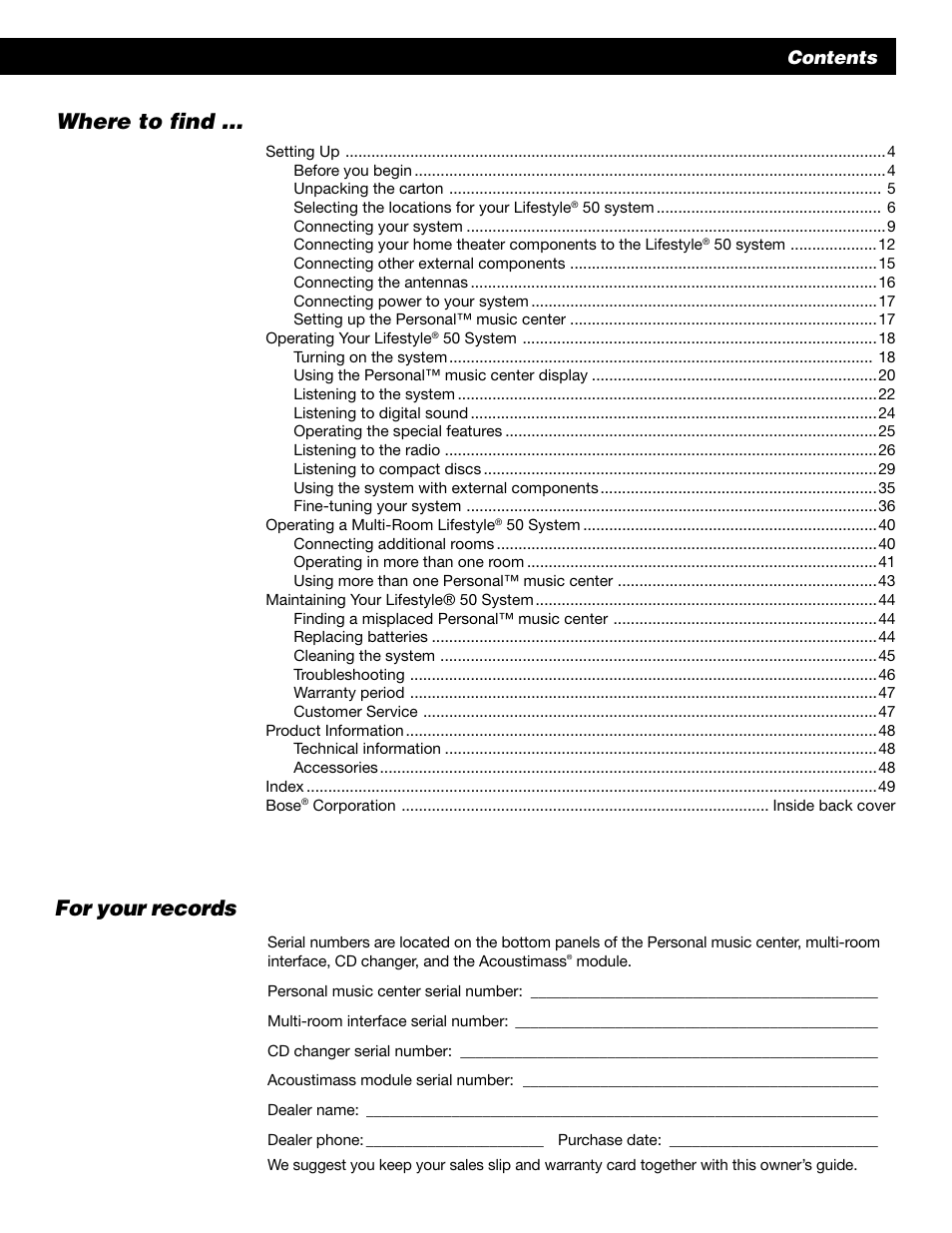 For your records, Where to find | Bose 50 User Manual | Page 5 / 55
