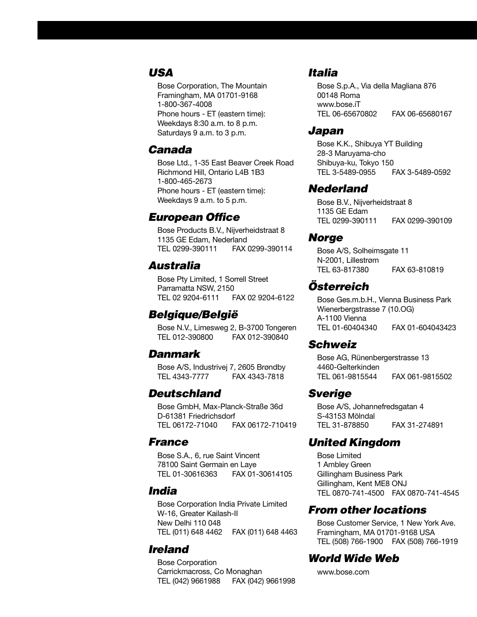 Canada, European office, Australia | Belgique/belgië, Danmark, Deutschland, France, India, Ireland, Italia | Bose 50 User Manual | Page 54 / 55