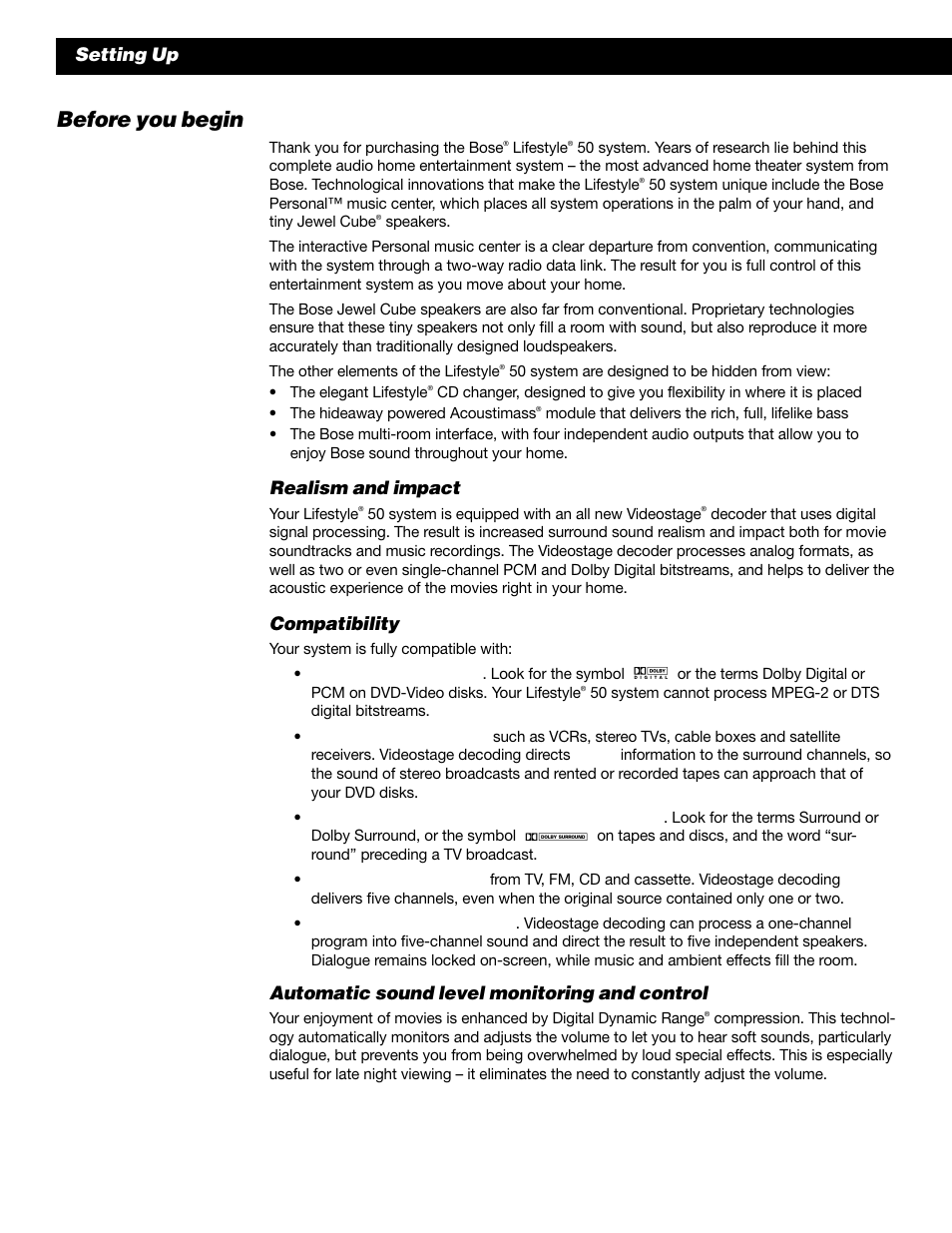 Before you begin, Realism and impact, Compatibility | Automatic sound level monitoring and control, Setting up | Bose 50 User Manual | Page 6 / 55