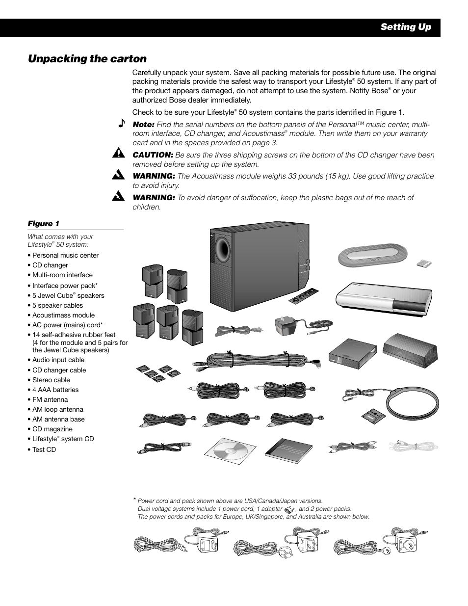 Unpacking the carton, Setting up | Bose 50 User Manual | Page 7 / 55