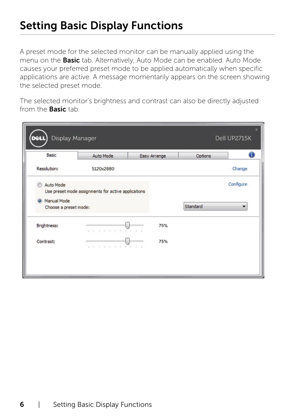 Setting basic display functions | Dell UP2715K Monitor User Manual | Page 6 / 12