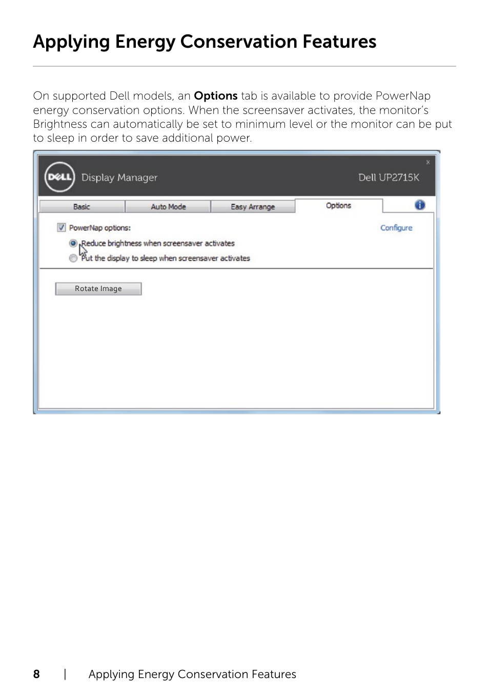 Applying energy conservation features | Dell UP2715K Monitor User Manual | Page 8 / 12