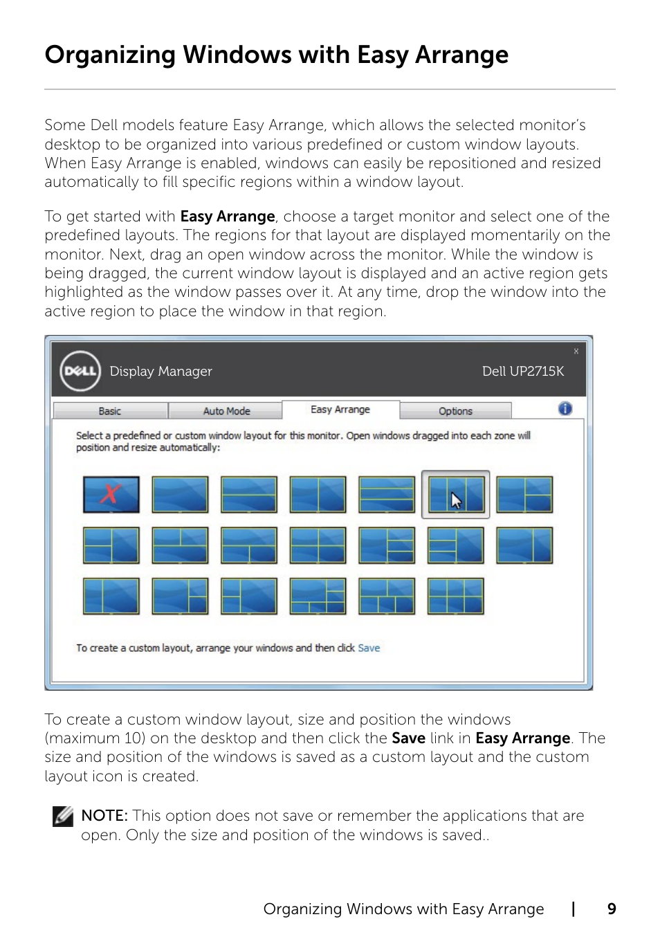 Organizing windows with easy arrange | Dell UP2715K Monitor User Manual | Page 9 / 12