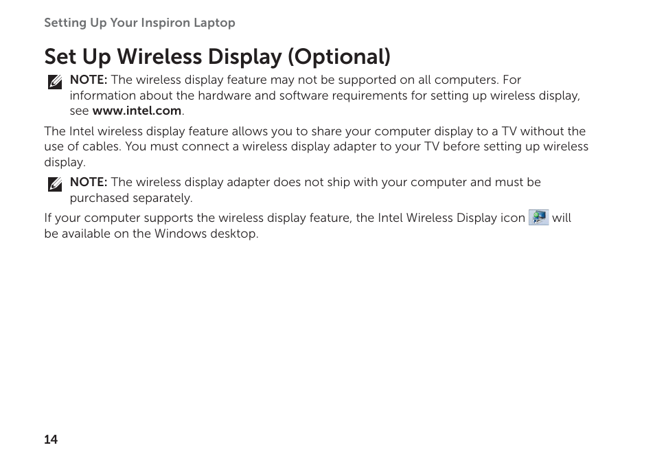 Set up wireless display (optional) | Dell Inspiron 17R (N7110, Early 2011) User Manual | Page 16 / 100