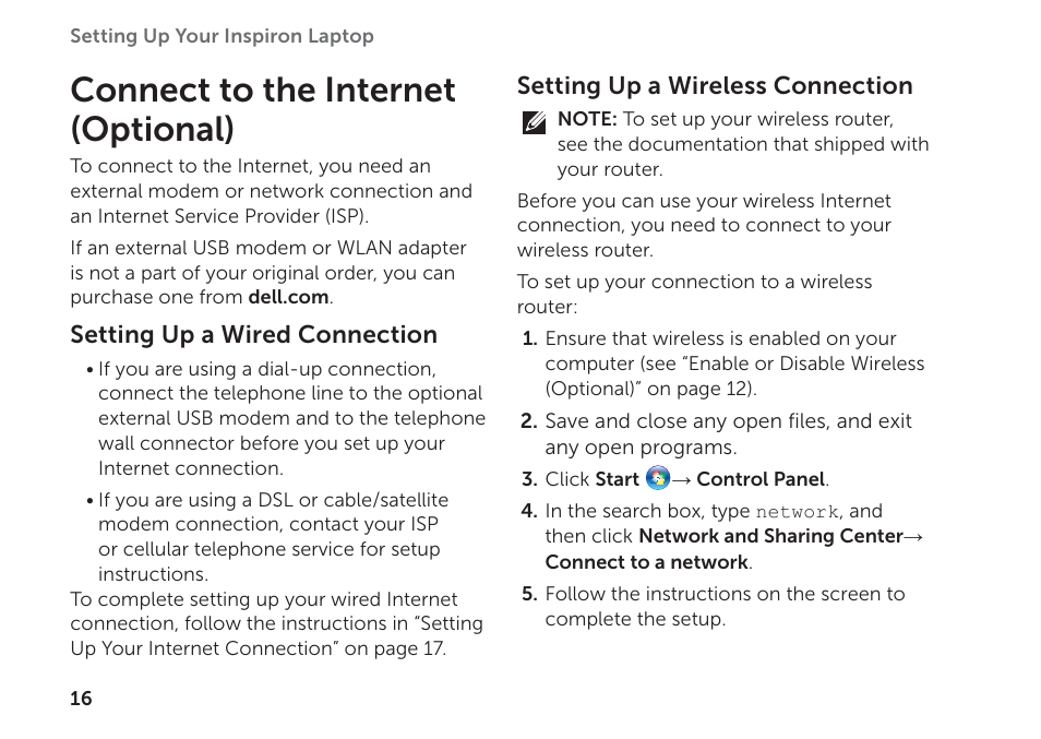 Connect to the internet (optional) | Dell Inspiron 17R (N7110, Early 2011) User Manual | Page 18 / 100