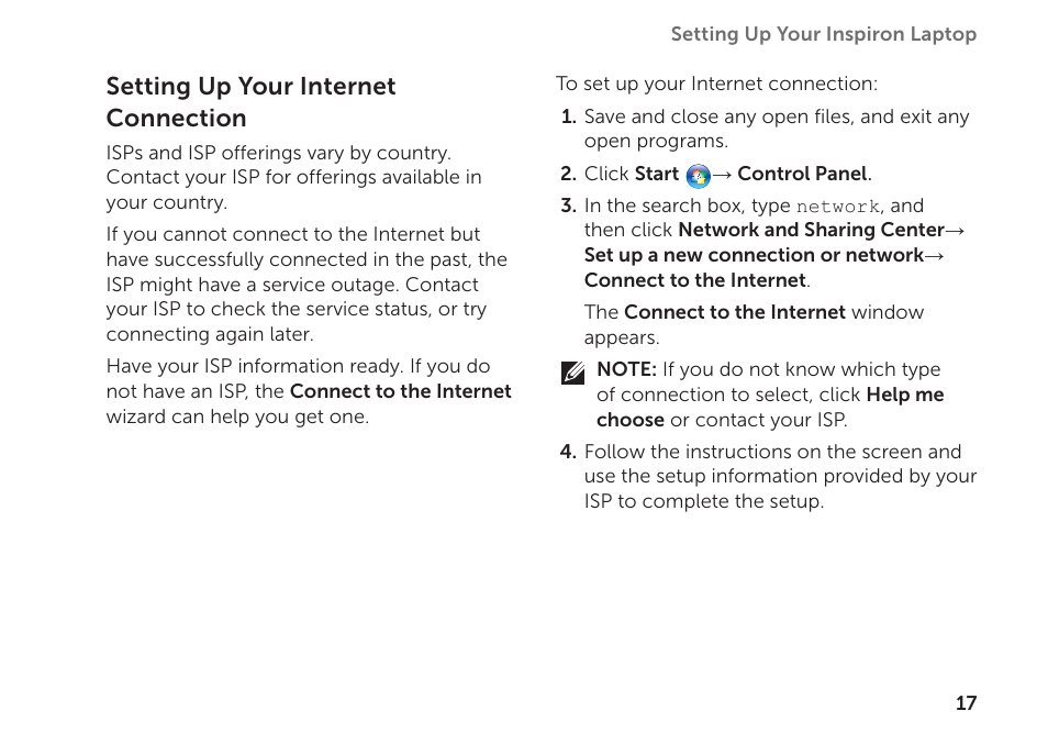 Setting up your internet connection | Dell Inspiron 17R (N7110, Early 2011) User Manual | Page 19 / 100