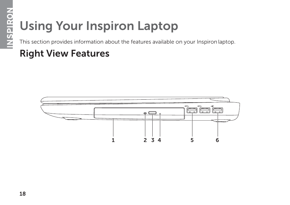 Using your inspiron laptop, Right view features, Inspiron | Dell Inspiron 17R (N7110, Early 2011) User Manual | Page 20 / 100