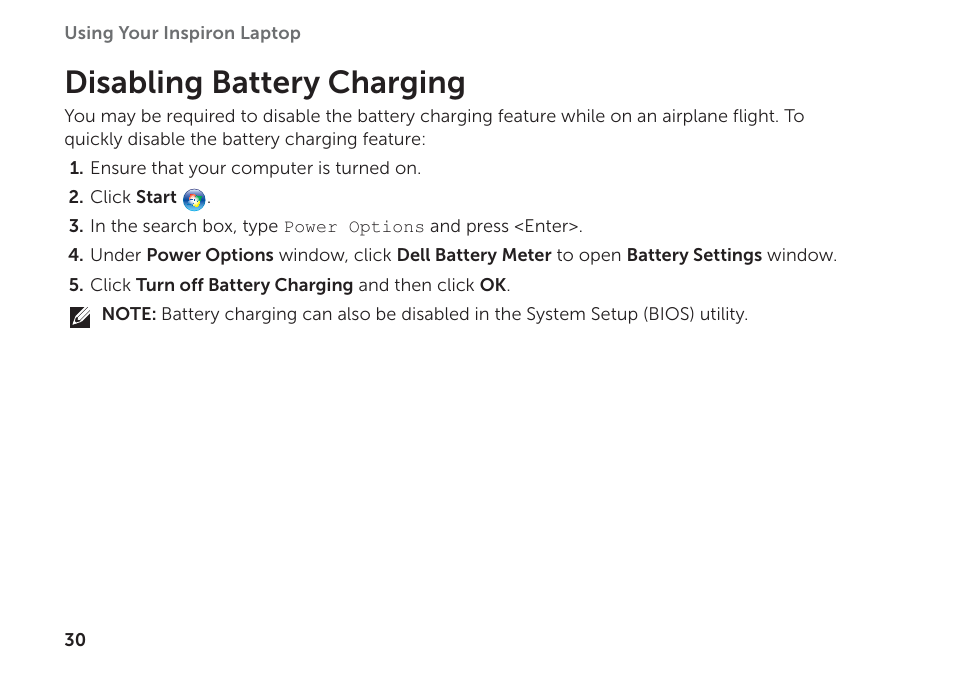 Disabling battery charging | Dell Inspiron 17R (N7110, Early 2011) User Manual | Page 32 / 100