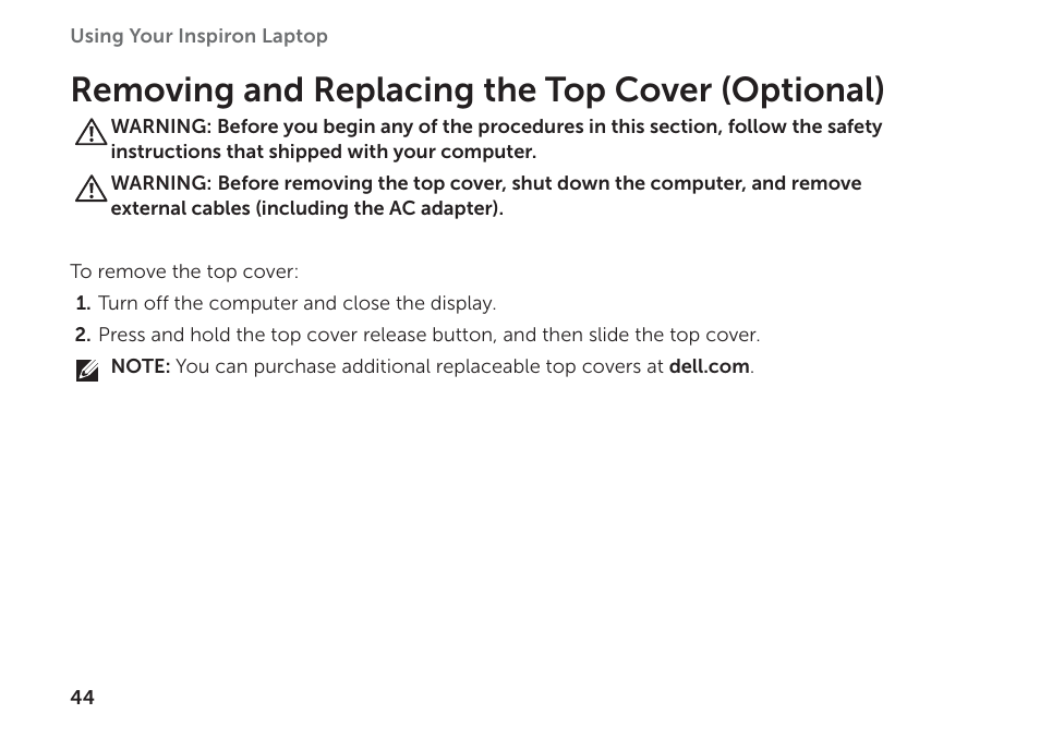 Removing and replacing the top cover (optional) | Dell Inspiron 17R (N7110, Early 2011) User Manual | Page 46 / 100