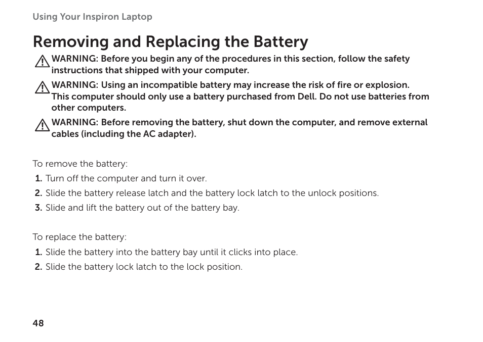 Removing and replacing the battery | Dell Inspiron 17R (N7110, Early 2011) User Manual | Page 50 / 100