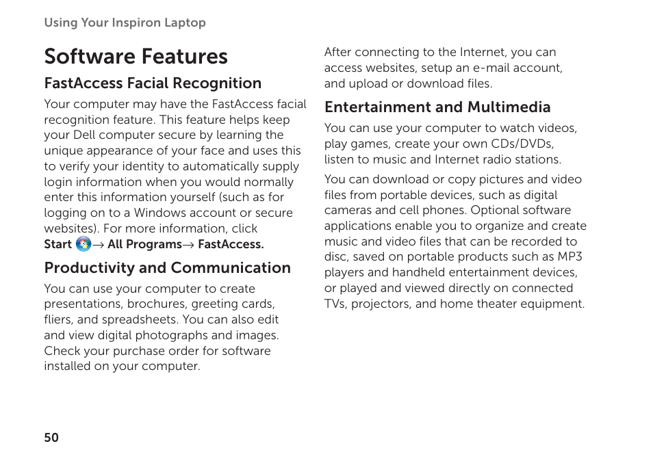 Software features | Dell Inspiron 17R (N7110, Early 2011) User Manual | Page 52 / 100