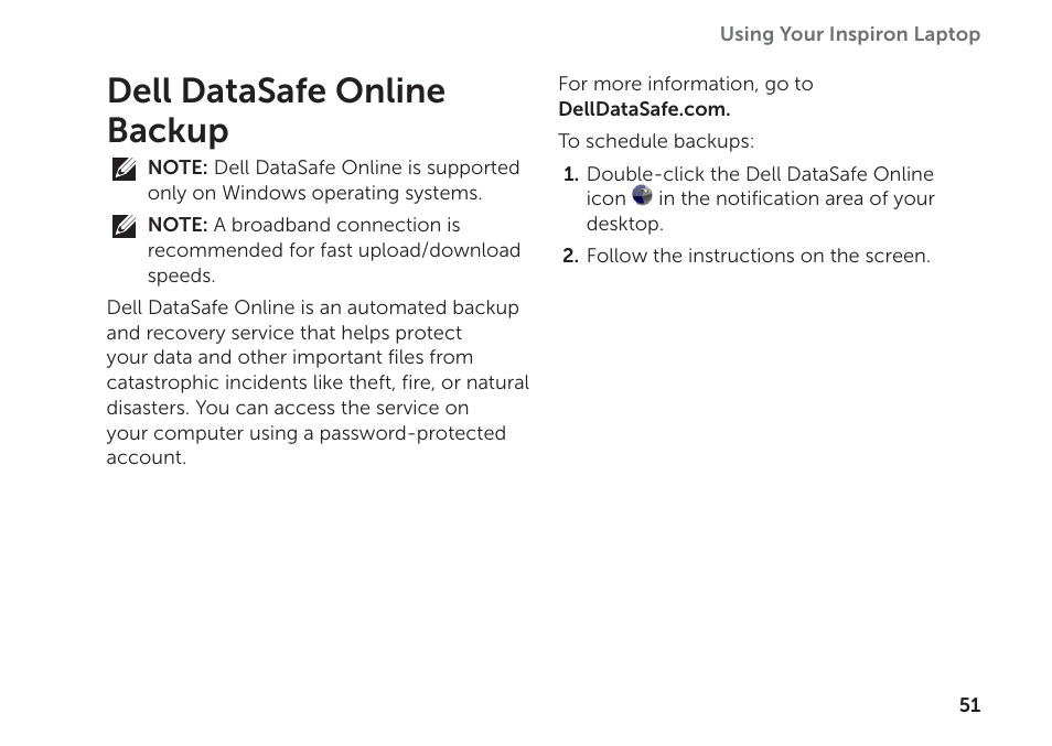 Dell datasafe online backup | Dell Inspiron 17R (N7110, Early 2011) User Manual | Page 53 / 100